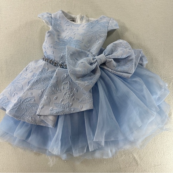 Gold Kids Elegant Blue Dress-Bow Embroidered Brocade Tulle Sz 2-3 Years/98 (3T) - Picture 2 of 14